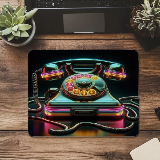 80’ler Stili Neon Telefon Tasarımlı Mousepad - 19x23 cm 2 mm Dikdörtgen İthal Baskılı Mouse Pad