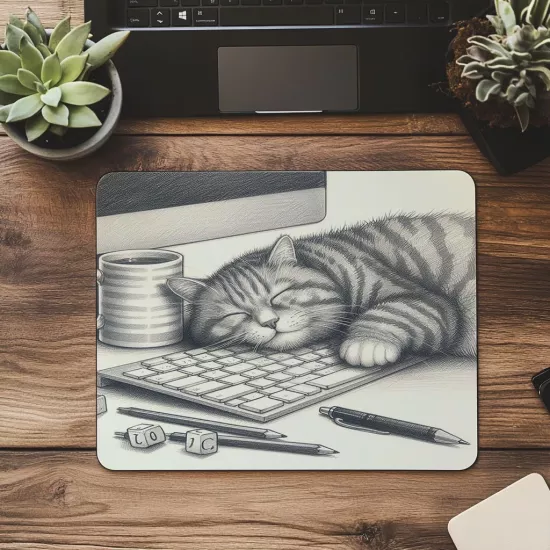 Klavye Üstünde Uyuyan Kedi Çizimli Mouse Pad - 19x23 cm 2 mm Dikdörtgen İthal Baskılı Mouse Pad