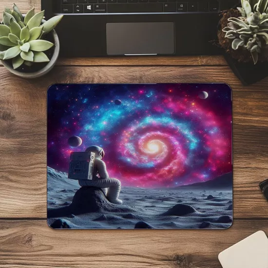 Ay Taşı Üzerinde Oturan Astronot Mousepad - 19x23 cm 2 mm Dikdörtgen İthal Baskılı Mouse Pad