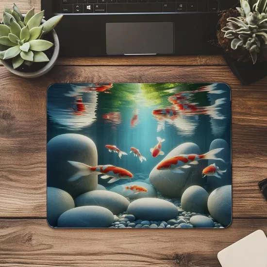 Reflektif Sulu Koi Temalı Mousepad - 19x23 cm 2 mm Dikdörtgen İthal Baskılı Mouse Pad