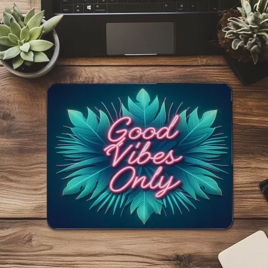 Good Vibes Only Yazılı Tropikal Neon Mousepad - 19x23 cm 2 mm Dikdörtgen İthal Baskılı Mouse Pad