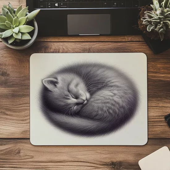 Gri Zeminli Yatmış Kedi Mouse Pad - 19x23 cm 2 mm Dikdörtgen İthal Baskılı Mouse Pad