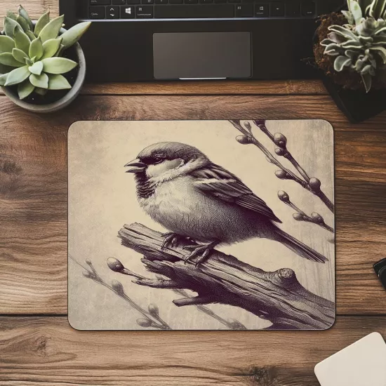 Karakalem Kuş Mousepad – Vintage Doku - 19x23 cm 2 mm Dikdörtgen İthal Baskılı Mouse Pad