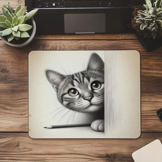 Göz Temaslı Kedi Çizimi Mouse Pad - 19x23 cm 2 mm Dikdörtgen İthal Baskılı Mouse Pad