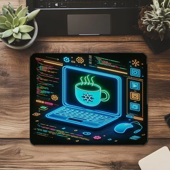 Neon Kahve Simgeli Karanlık Mousepad - 19x23 cm 2 mm Dikdörtgen İthal Baskılı Mouse Pad