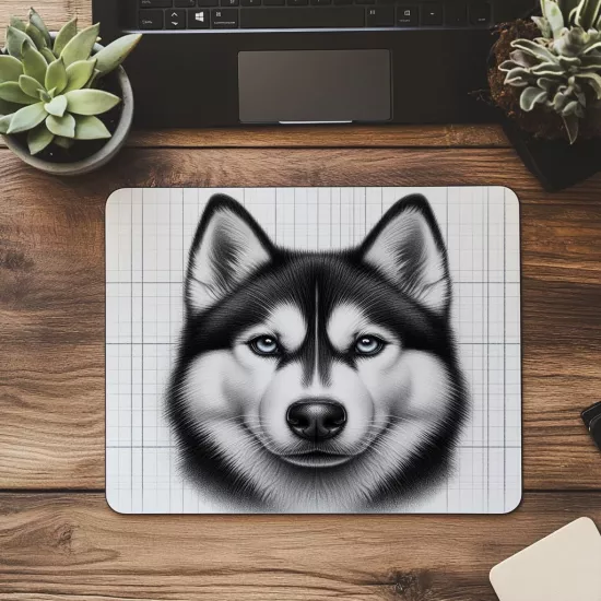 Siberian Husky Karakalem Çizimli Mousepad - 19x23 cm 2 mm Dikdörtgen İthal Baskılı Mouse Pad
