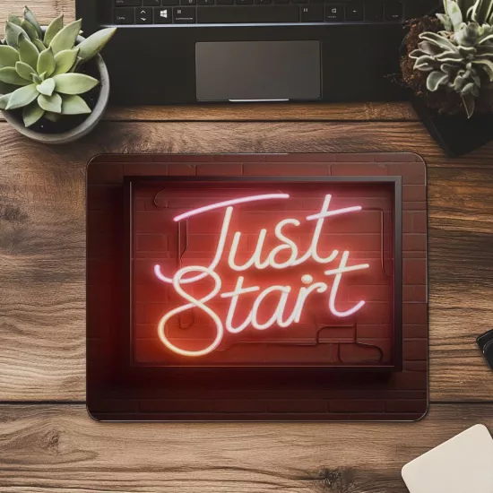 Just Start Neon Yazılı Tuğla Duvarlı Mousepad - 19x23 cm 2 mm Dikdörtgen İthal Baskılı Mouse Pad