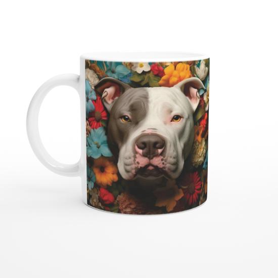 Çiçeklerle Çevrili Sevecen Pitbull Baskılı Kupa Bardak