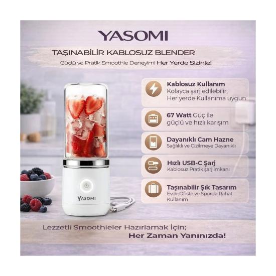 Yasomi Taşınabilir Kablosuz Şarjlı Cam Kişisel Blender Beyaz (Yasomi Türkiye Garantili)