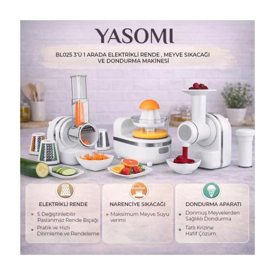 Yasomi BL025 3 Ü 1 Arada Elektrikli Rende Meyve Sıkacağı ve Dondurma Makinesi(Yasomi Türkiye Garantili)