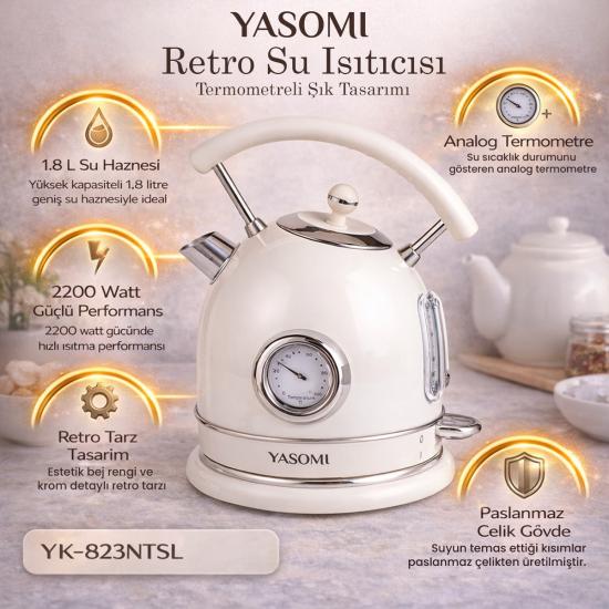 Yasomi Bej YK-823NTSL 2200W 360° Döner Taban Kablosuz Kullanım Retro Su Isıtıcı Kettle