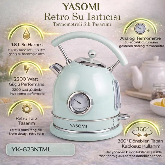 Yasomi Mavi YK-823NTSL 2200W 360° Döner Taban Kablosuz Kullanım Retro Su Isıtıcı Kettle