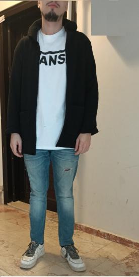 LuLuYen Siyah Regular Fit Kapüşonlu Triko Uzun Hırka