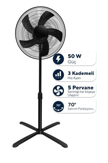 Kumtel Siyah 16 inç Ayaklı Vantilatör 50 W, 5 Pervaneli, 3 Kademeli, 121 cm Yükseklik