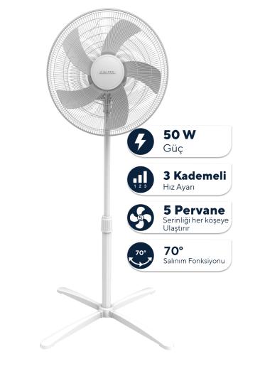 Kumtel Beyaz 16 inç Ayaklı Vantilatör 50 W, 5 Pervaneli, 3 Kademeli, 121 cm Yükseklik