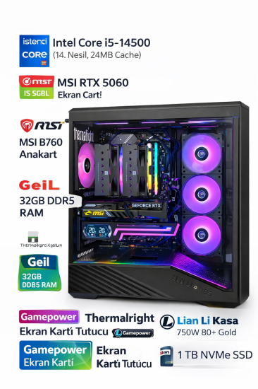 i5-14500 32GB RAM 1TB SSD RTX 5060 Masaüstü Oyuncu ve İş  Bilgisayarı
