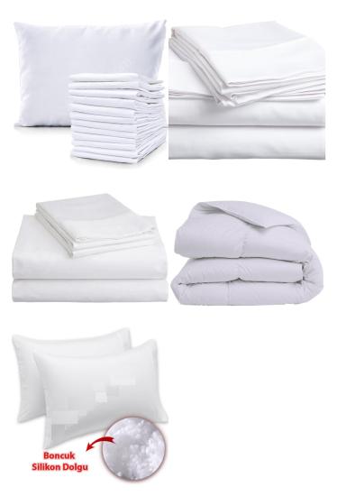 Çift Kişilik Yastıklı Yorganlı Yatak Nevresim Takımı Çeyiz Seti %100 Pamuk Beyaz Otel Tipi 63 Tel