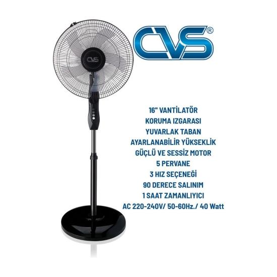 CVS 16 İnç Ayaklı Vantilatör 40 W Güçlü Hava Akışı ile Siyah Modern Tasarım